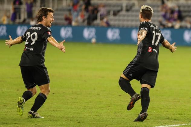 Louisville City FC celebrates a goal vs. Pittsburgh Riverhounds SC