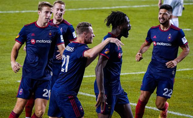 Chicago Fire FC forward CJ Sapong receives congratulations after his goal