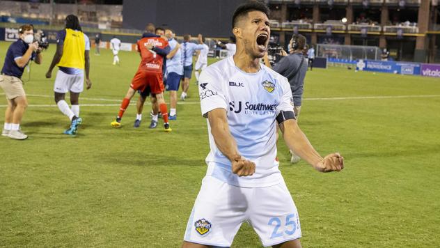 El Paso Locomotive FC defender Bryam Rebellon reacts after El Paso's playoff win