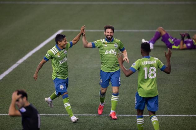 Seattle Sounders FC celebrates one of seven goals vs. the San Jose Earthquakes
