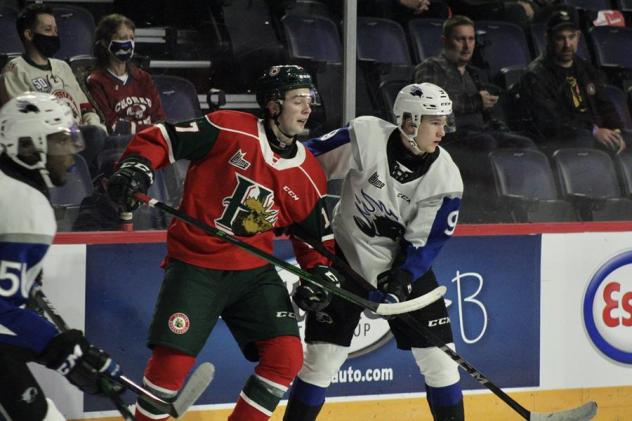 Saint John Sea Dogs left wing Charles Savoie (right) vs. the Halifax Mooseheads