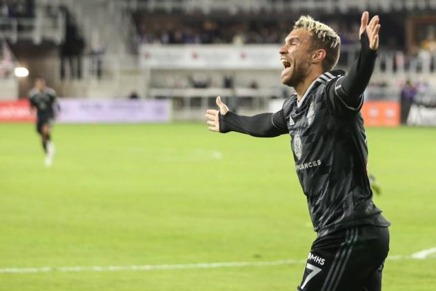 Louisville City FC celebrates a playoff win over Saint Louis FC