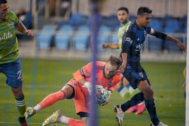 Seattle Sounders FC goalkeeper Stefan Frei makes a save against the San Jose Earthquakes