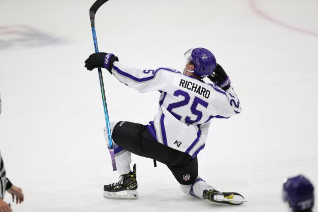 Guillaume Richard of the Tri-City Storm celebrates his overtime goal against the Omaha Lancers