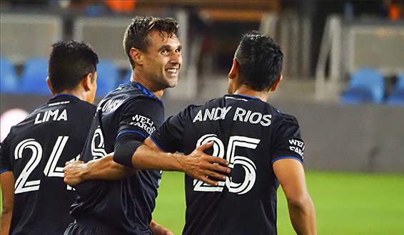 Chris Wondolowski of the San Jose Earthquakes celebrates his MLS record 45th career game-winning goal