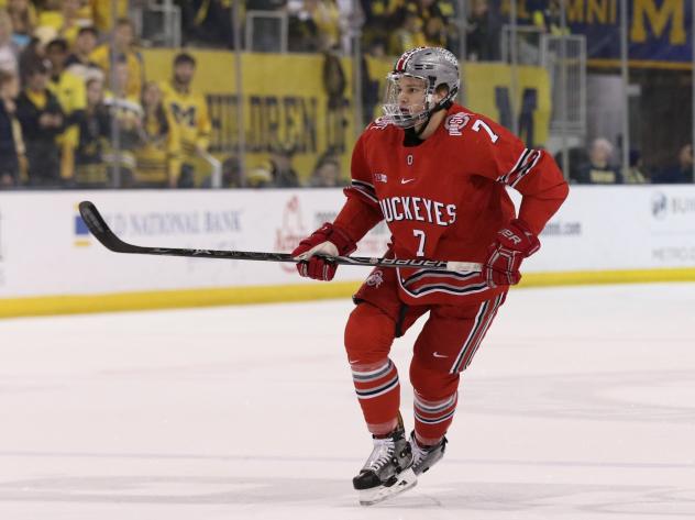 Defenseman Wyatt Ege with the Ohio State Buckeyes