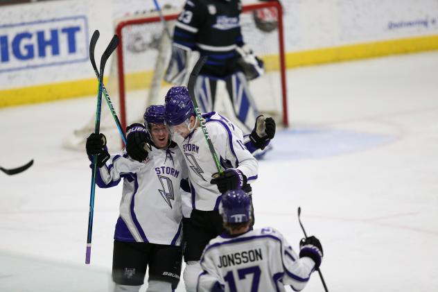 Tri-City Storm celebrate a goal against the Fargo Force
