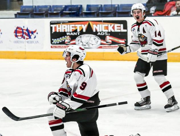 Odessa Jackalopes forwards Lucas Coon (9) and Fletcher Anderson (14) react after a Coon goal