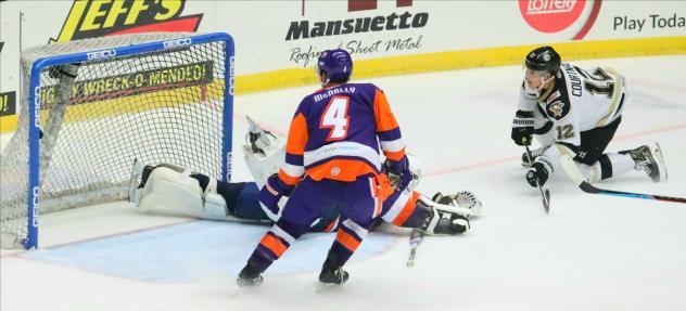 Lawton Courtnall of the Wheeling Nailers (right) scores against the Orlando Solar Bears