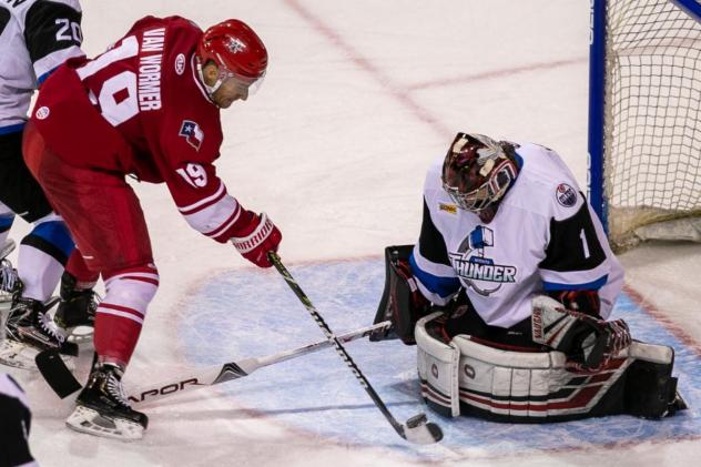 Wichita Thunder goaltender Evan Weninger stops the Allen Americans