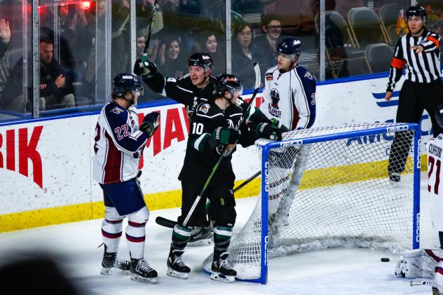 Utah Grizzlies celebrate a goal against the Tulsa Oilers