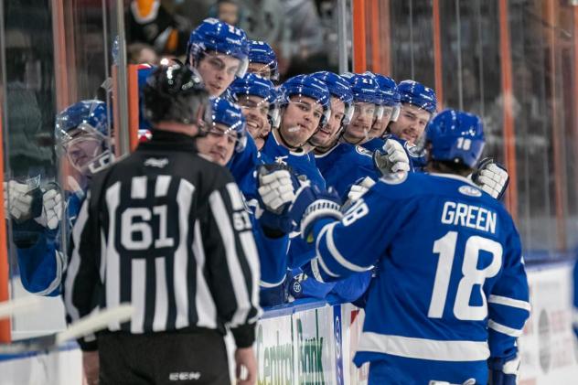 Gordie Green of the Wichita Thunder celebrates a goal with the bench