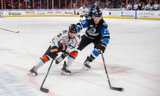 Wichita Thunder defenseman Vincent Desharnais (right)