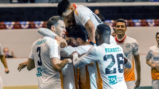 The Florida Tropics celebrate a goal vs. the St. Louis Ambush