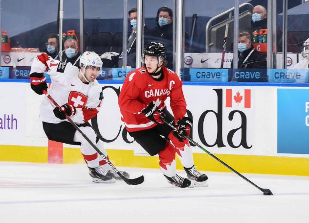 Vancouver Giants defenceman Bowen Byram skating with Canada