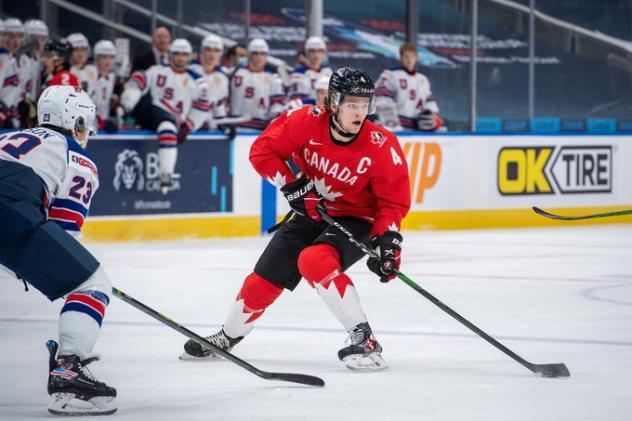 Vancouver Giants defenceman Bowen Byram skating with Canada