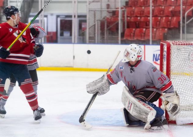 New Jersey Titans goaltender Berk Berkeliev vs. the Johnstown Tomahawks