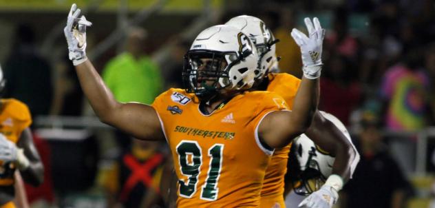 Defensive lineman Isaac Adeyemi-Berglund with Southeastern Louisiana