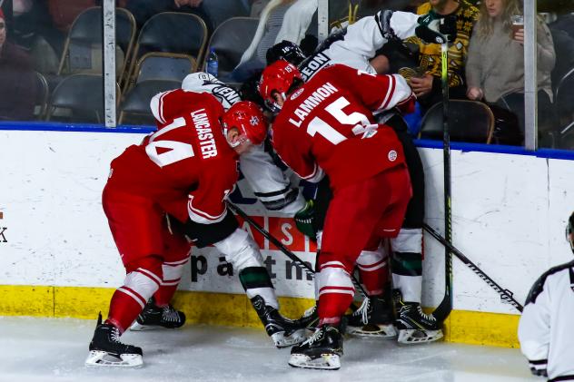 Allen Americans defenseman Les Lancaster and forward Josh Lammon