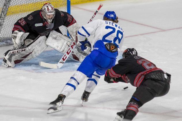 Rapid City Rush goaltender David Tendeck prepares to stop Dean Stewart of the Wichita Thunder