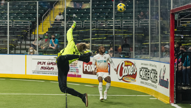 St. Louis Ambush goalkeeper Brett Petricek deflects a Florida Tropics shot