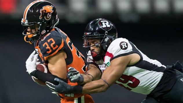 Defensive back Branden Dozier with the B.C. Lions (left)