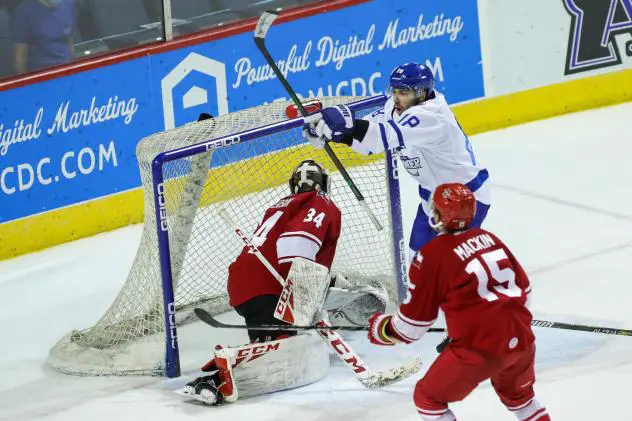 Allen Americans goaltender Jake Paterson is unable to stop the Wichita Thunder's game-winning goal