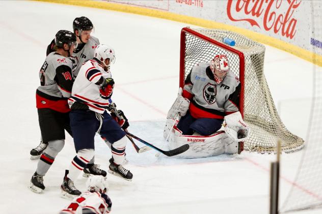 Birmingham Bulls goaltender Hayden Stewart makes a stop against the Macon Mayhem