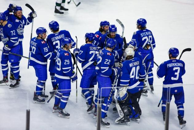 Wichita Thunder exchange congratulations after win in Utah