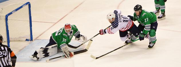 South Carolina Stingrays forwward Dylan Steman takes a shot against the Florida Everblades