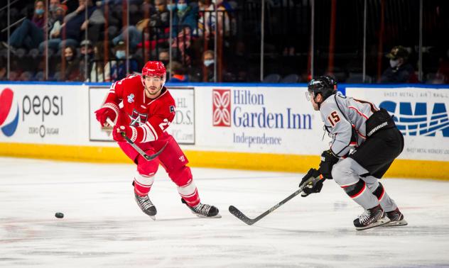 Allen Americans forward Samuel Laberge (left) vs. the Kansas City Mavericks