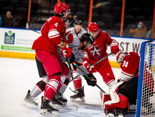 Allen Americans goaltender Jake Paterson tries to keep the Kansas City Mavericks at bay