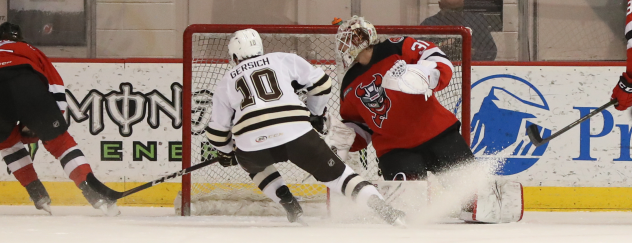 Binghamton Devils goaltender Gilles Senn vs. the Hershey Bears