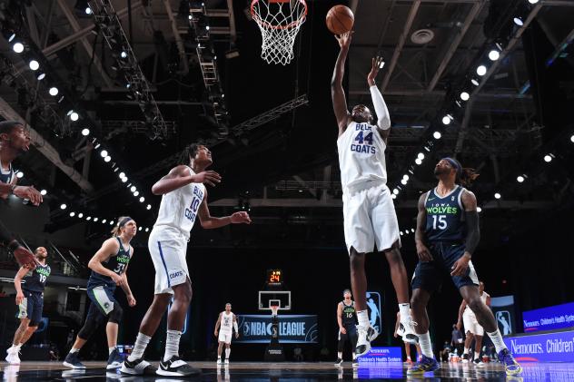 Delaware Blue Coats forward Paul Reed takes a shot against the Iowa Wolves