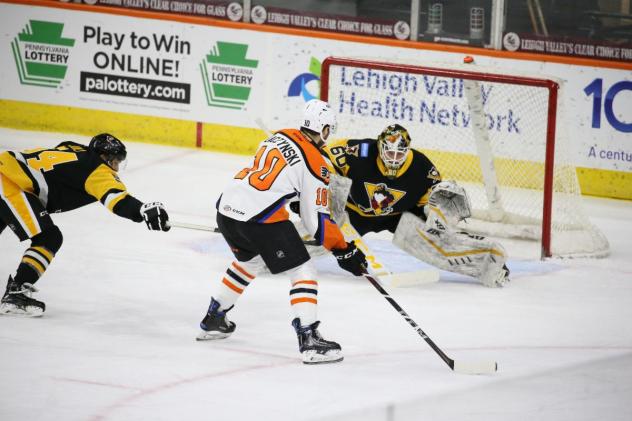 Lehigh Valley Phantoms forward Tanner Laczynski takes a shot against the Wilkes-Barre/Scranton Penguins