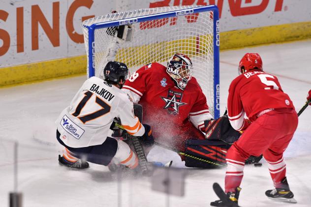 Allen Americans goaltender Justin Kapelmaster stops a shot from the Greenville Swamp Rabbits