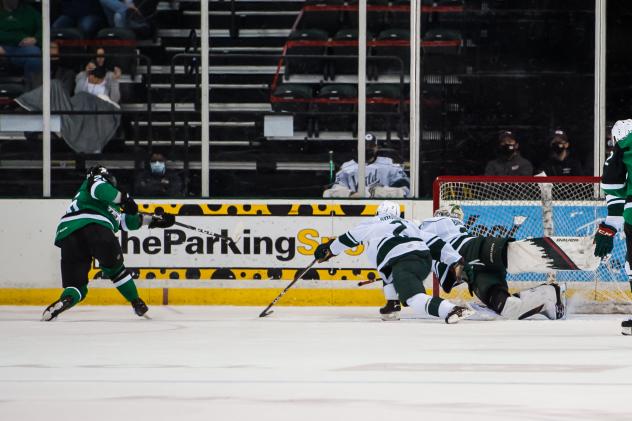 Texas Stars left wing Tye Felhaber takes a shot against the Iowa Wild