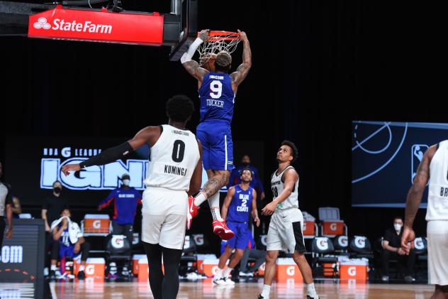 Rayjon Tucker of the Delaware Blue Coats slams it home against NBA G League Ignite