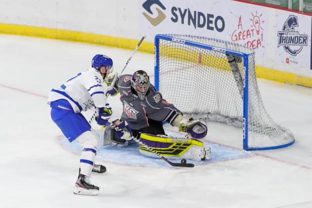 Wichita Thunder forward Beau Starrett takes a shot against the Kansas City Mavericks