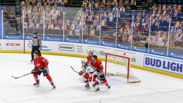 Rockford IceHogs play in front of fan cutouts