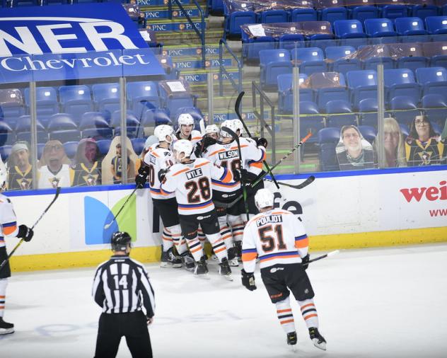 Lehigh Valley Phantoms celebrate their overtime win against the Wilkes-Barre/Scranton Penguins