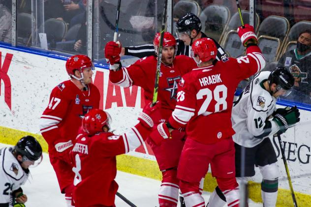 Allen Americans celebrate a Krystof Hrabik goal vs. the Utah Grizzlies