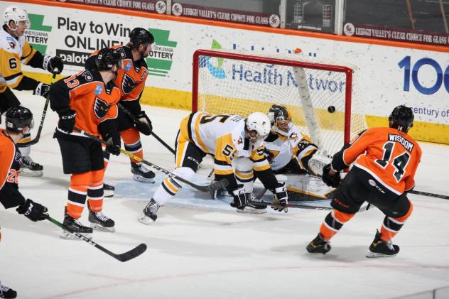 Zayde Wisdom of the Lehigh Valley Phantoms (right) on the power play vs. the Wilkes-Barre/Scranton Penguins