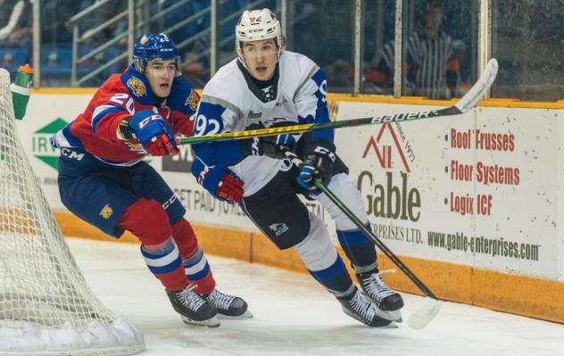 Saint John Sea Dogs left wing Nicholas Girouard (right) vs. the Halifax Mooseheads