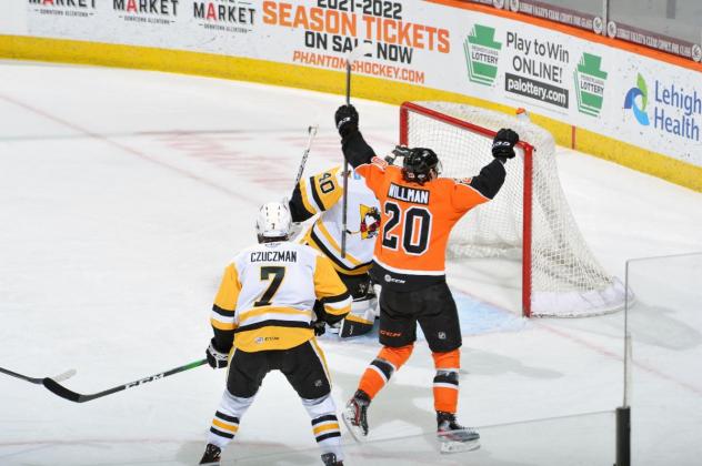 Max Willman celebrates a goal for the Lehigh Valley Phantoms