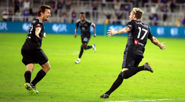 Louisville City FC forwards Antoine Hoppenot and Cameron Lancaster (right)