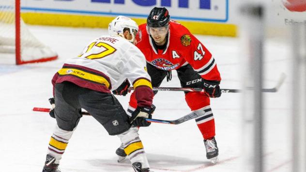 Rockford IceHogs right wing John Quenneville (47) vs. the Chicago Wolves