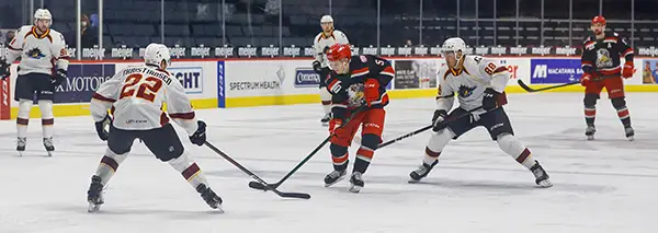 Grand Rapids Griffins handle the puck against the Cleveland Monsters