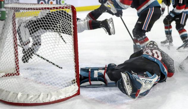 Kelowna Rockets goaltender Roman Basran makes a stop agains the Vancouver Giants
