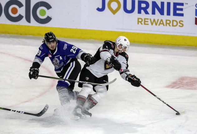 Vancouver Giants defenceman Stacha Marko (right) vs. the Victoria Royals